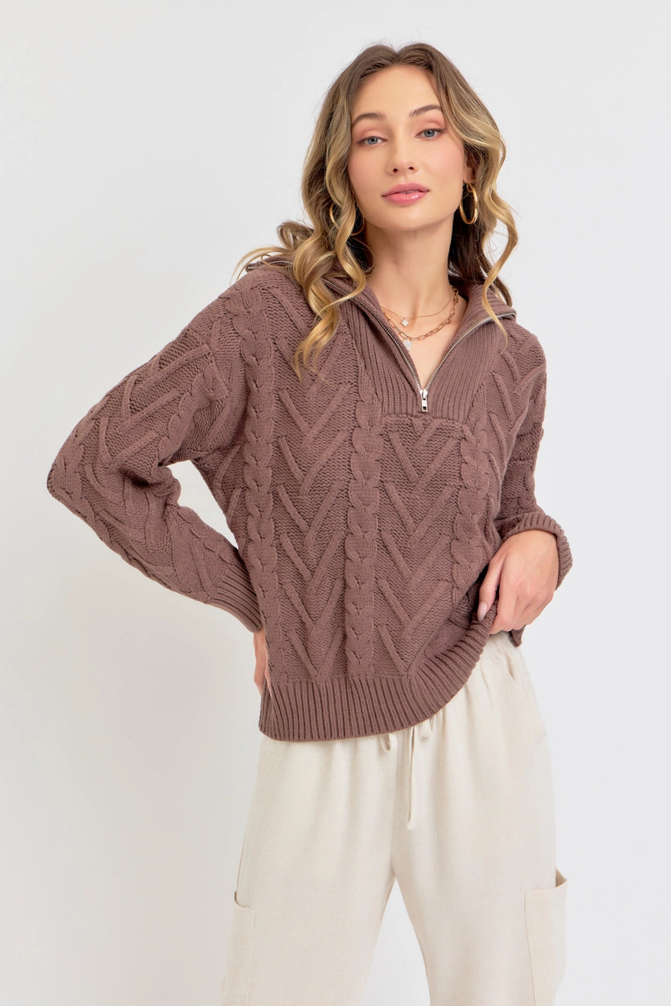 Cable Knit Zipper Sweater Top