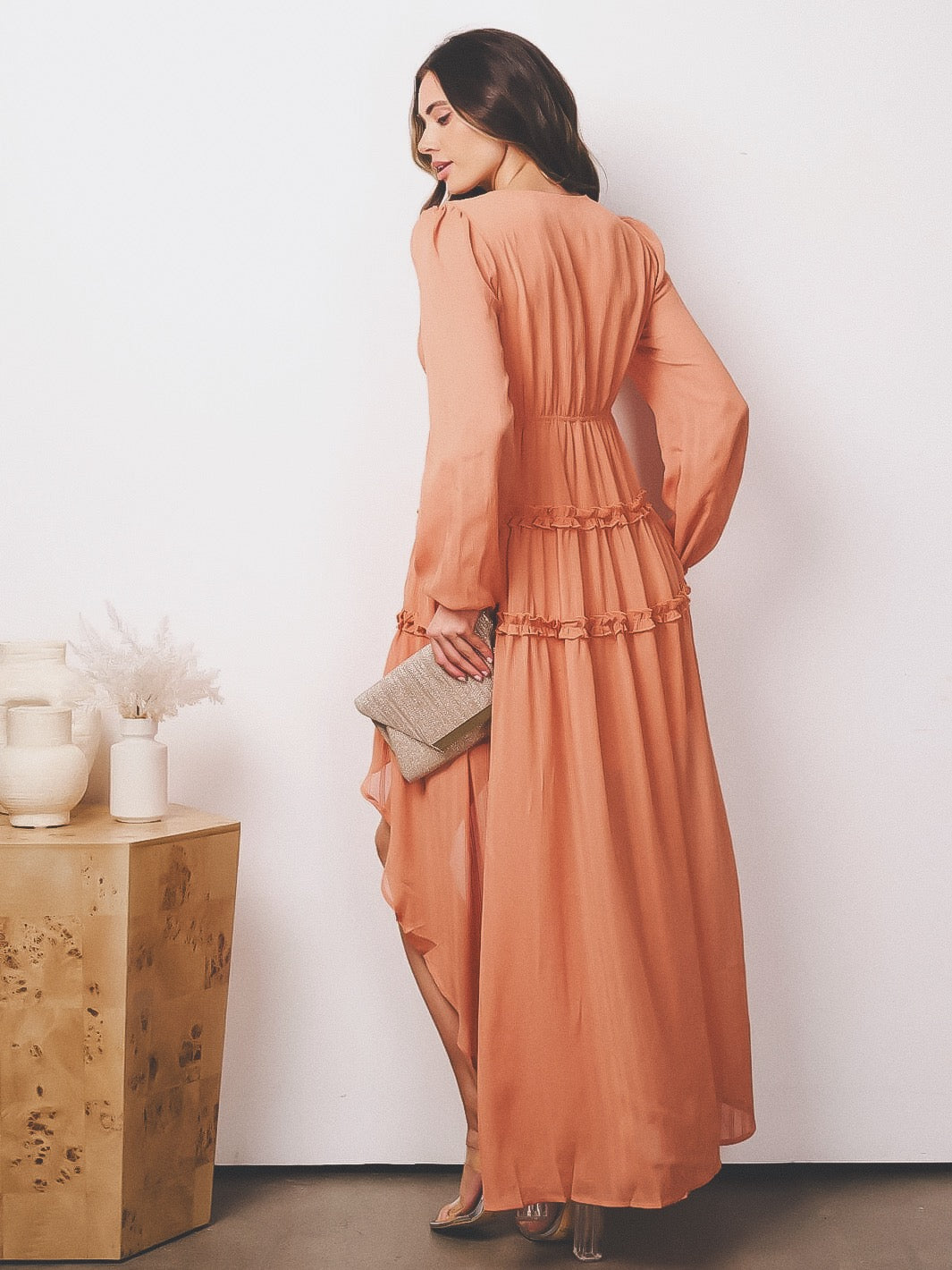 Long Sleeve V-Neck Tiered High-Low Maxi Dress