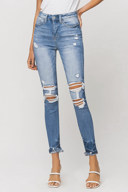 High Rise Single Cuff Destroyed Skinny Jeans