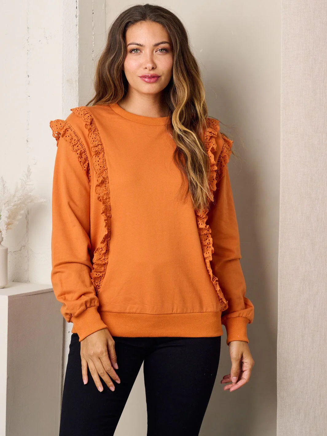 Orange Rust Eyelet Ruffled Top