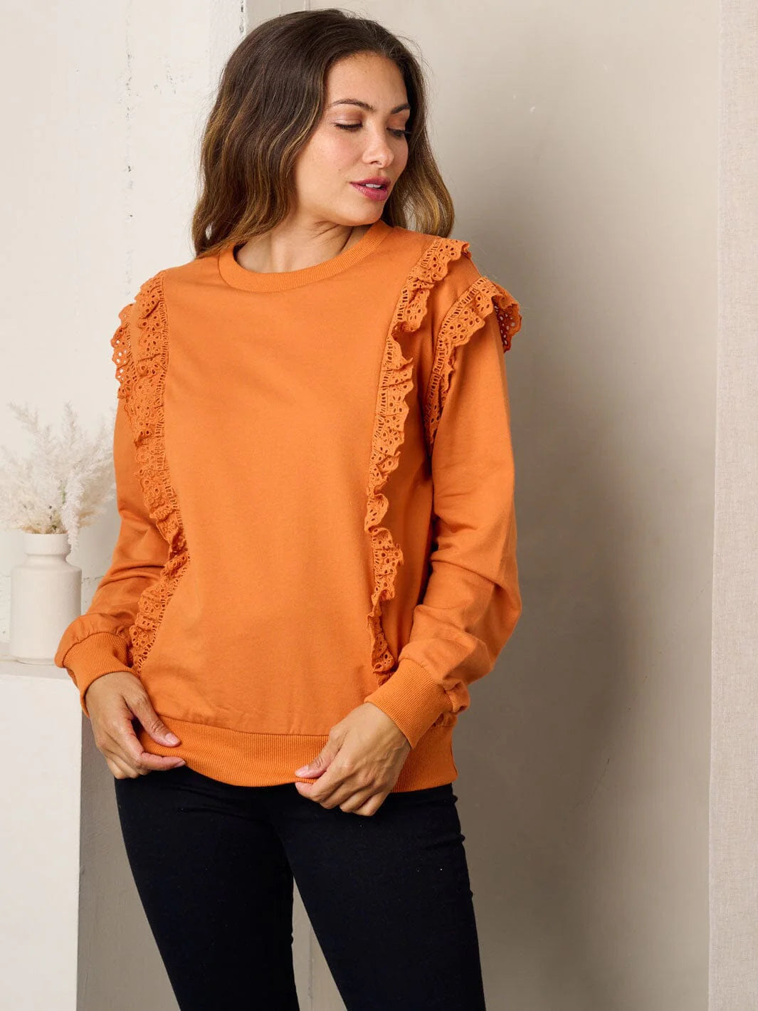 Orange Rust Eyelet Ruffled Top