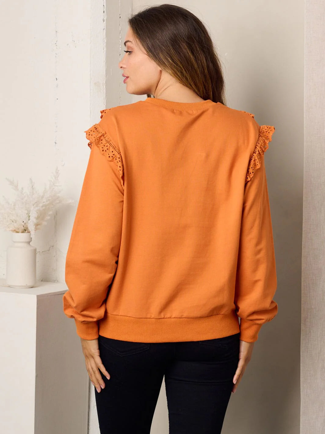 Orange Rust Eyelet Ruffled Top