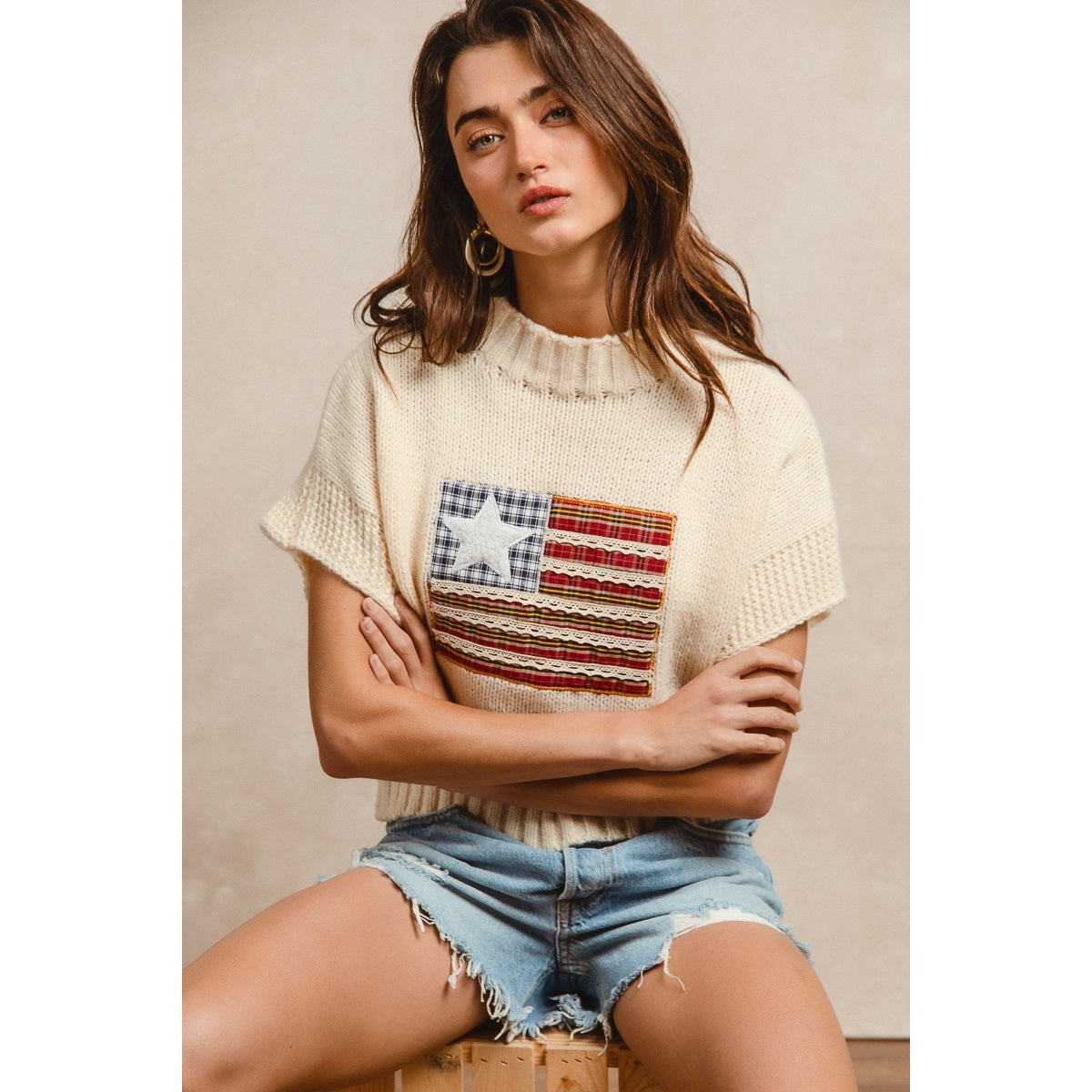 American Flag Patchwork Sweater Top