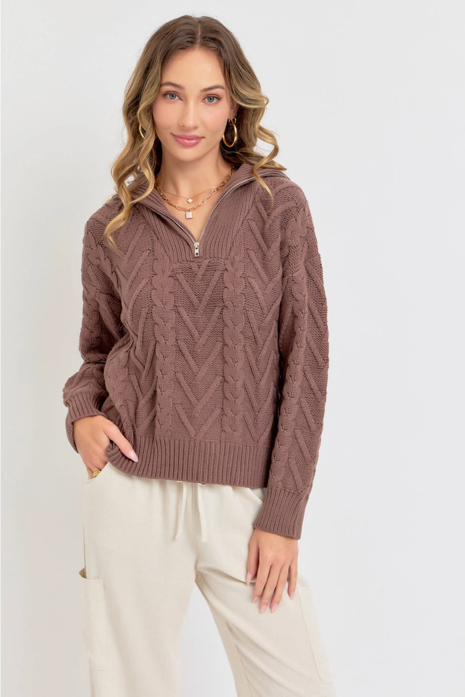 Cable Knit Zipper Sweater Top