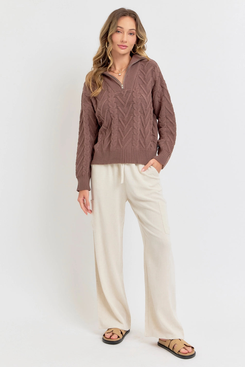 Cable Knit Zipper Sweater Top