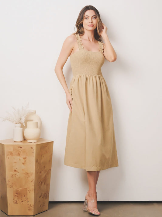 Sleeveless Pockets Smock Midi Dress