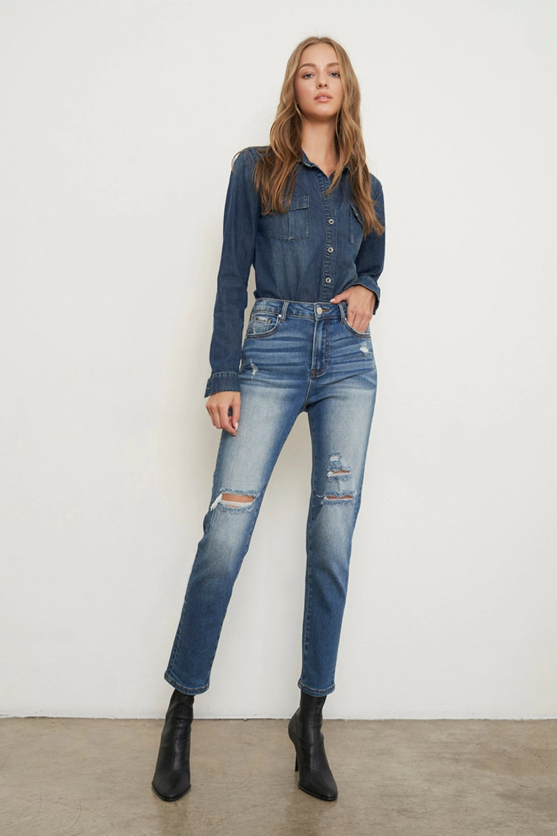 High Rise Ripped Girlfriend Jeans