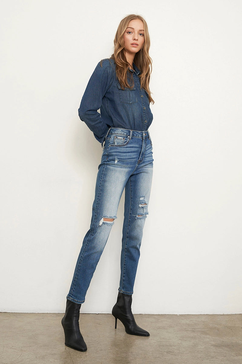 High Rise Ripped Girlfriend Jeans